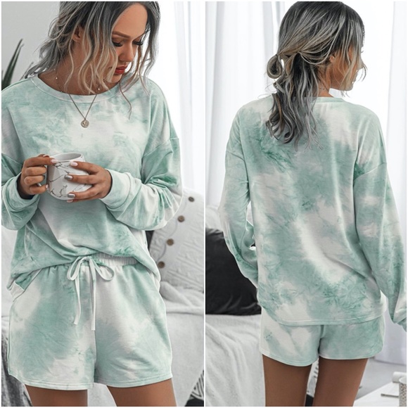 Pants - Mint tie dye shorts long sleeve top lounge set